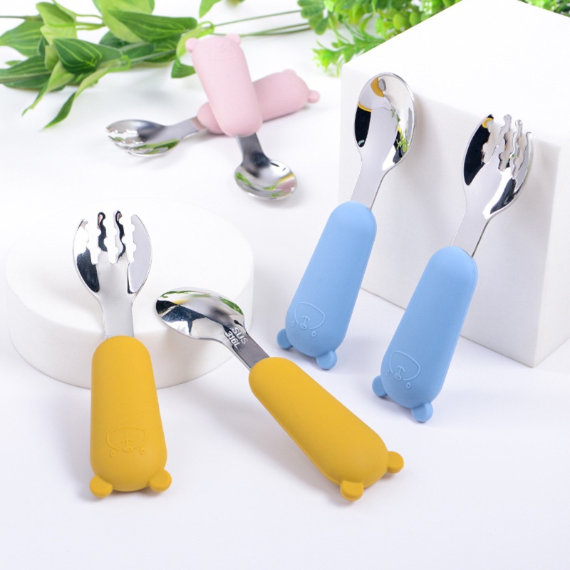 Bộ 2 Món Muỗng Nĩa Bằng Thép Không Gỉ Hình Gấu Dễ Thương Cho Bé