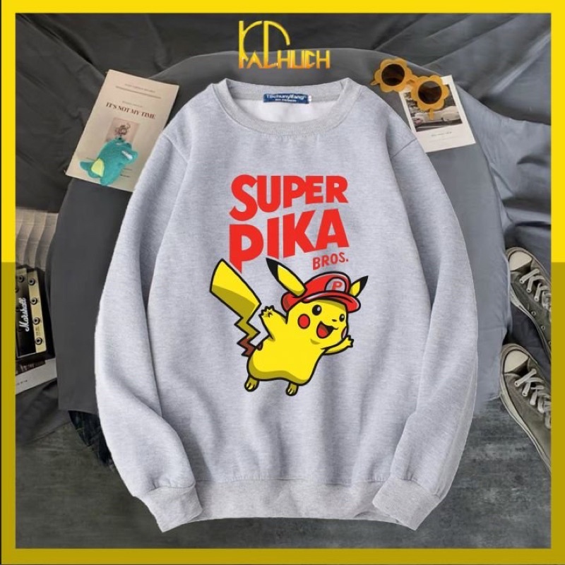 Áo sweater unisex in Super Pika dễ thương, form cho cả nam nữ vải nỉ mềm mịn