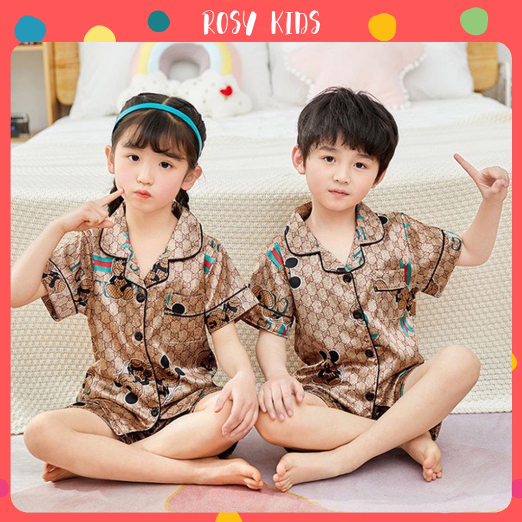 Bộ Pijama Cộc Tay In Họa Tiết Gu Xì Chất Lụa Cao Cấp Cho Bé Trai Và Bé Gái Từ 7 - 28kg - ROSY KIDS