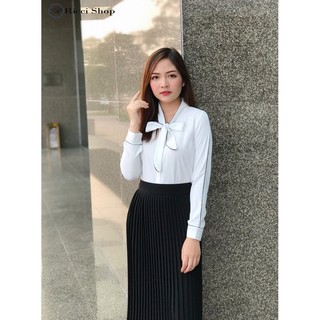Sơ MI cổ buộc nơ viền đen