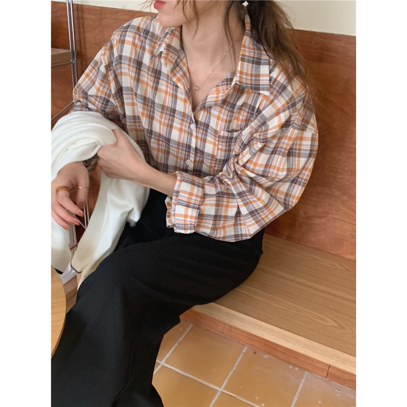SUXI Áo Sơ Mi Tay Dài Form Rộng Họa Tiết Sọc Caro Phong Cách Retro Hàn Quốc