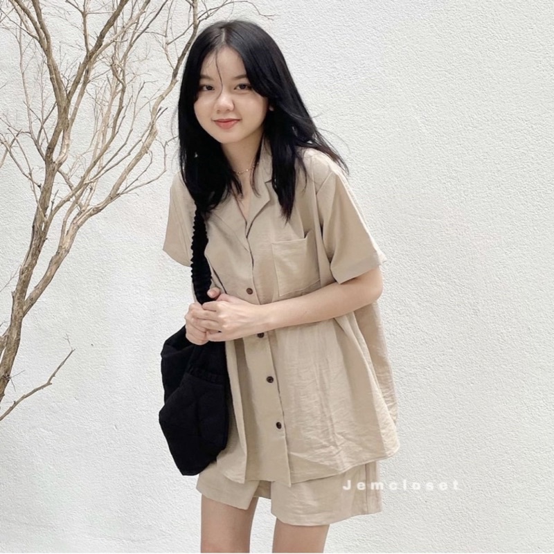 Set bộ sơ mi đũi trơn basic linen tiệm của miêu