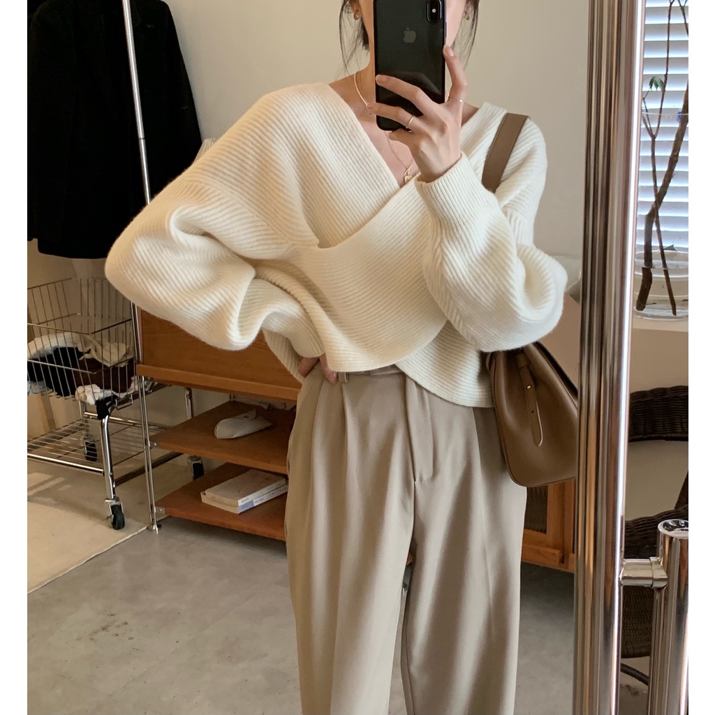 Áo len tay dài cổ chữ V thời trang dành cho nữ