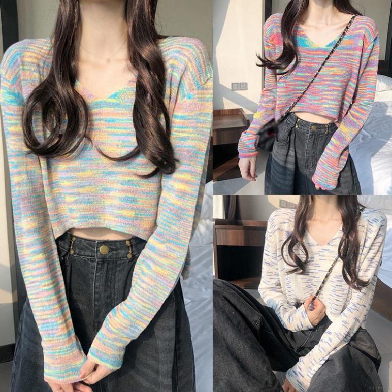Áo Thun Tay Dài Cổ Chữ V Dáng Rộng Họa Tiết Cầu Vồng Thời Trang Nữ Dễ Thương ་