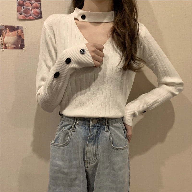 Áo Sweater dệt kim tay dài cổ chữ v thiết kế trẻ trung cá tính