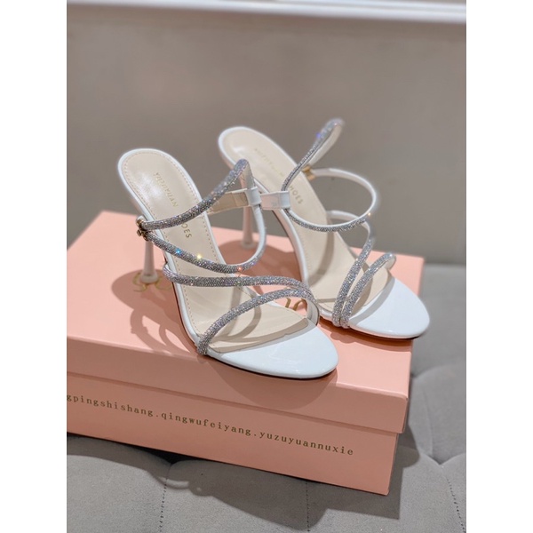 Sandal dây mãnh đính đá chéo gót nhọn blingbling