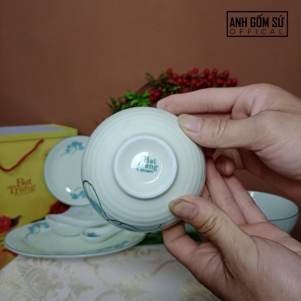 Bộ chén dĩa men kem, bộ bát đĩa sứ Bát Tràng, họa tiết sen xanh cao cấp 13 chi tiết, bán lẽ từng món