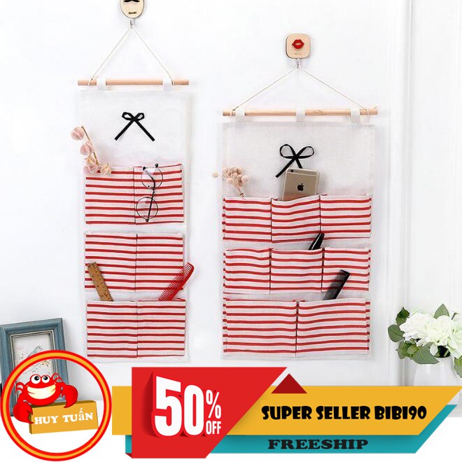 Túi vải đựng đồ treo tường kẻ sọc ngang 8 ngăn