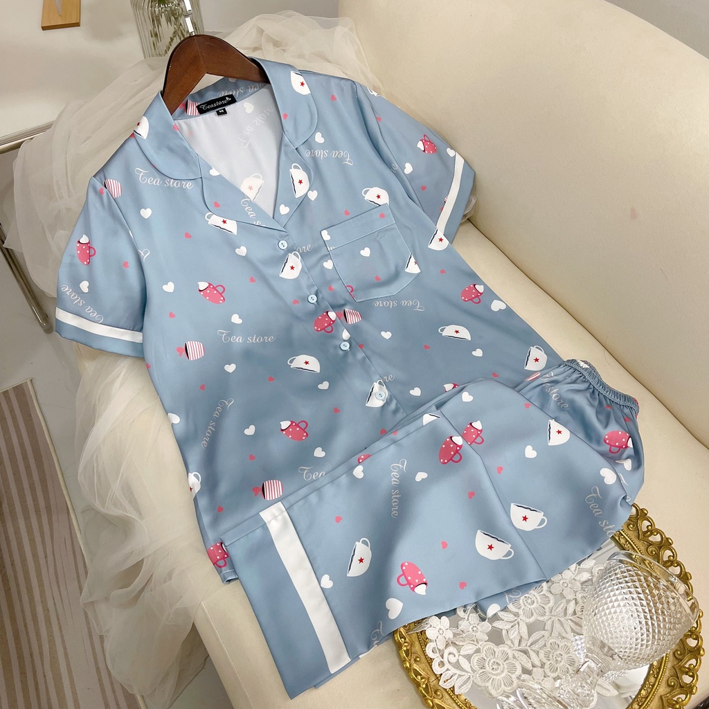 Bộ mặc nhà Pyjama lụa cao cấp Tea Store tay cộc quần dài họa tiết cà phê
