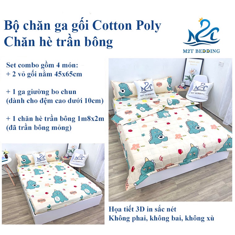 Bộ chăn ga gối hè cotton poly M2T Bedding, chăn hè trần bông họa tiết mền đáng yêu