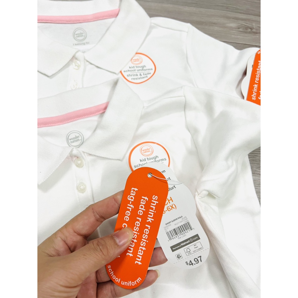 Áo Polo Wonder trắng cổ viền hồng (từ 17-65kg)