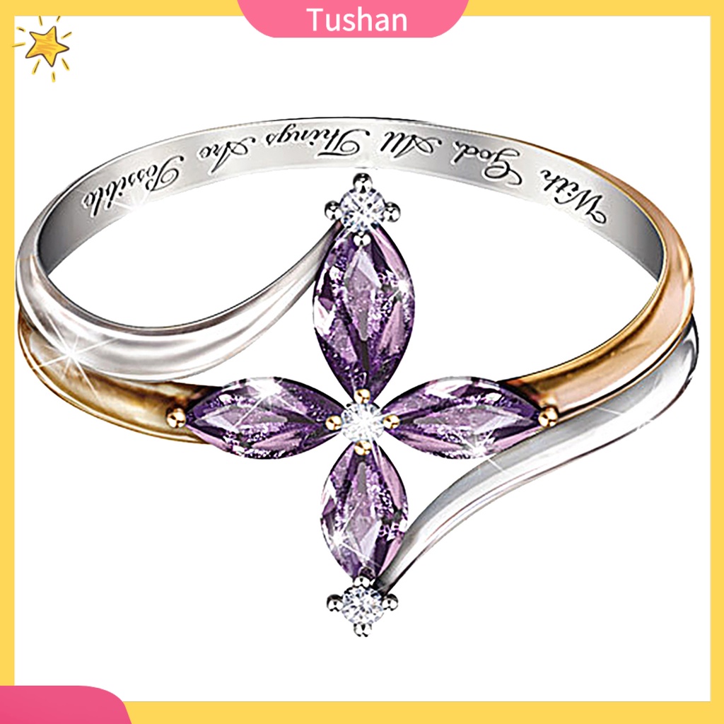 Nhẫn 2 lớp đính đá hình hoa khắc chữ With God All Things Are Possible cho nữ