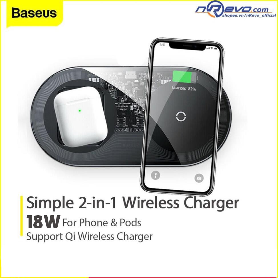 ⚡Baseus⚡ Bộ sạc không dây Baseus Simple 2 in 1 cống suất 18W sạc 2 thiết bị đồng thời và Airpods cho iPhone, Samsung