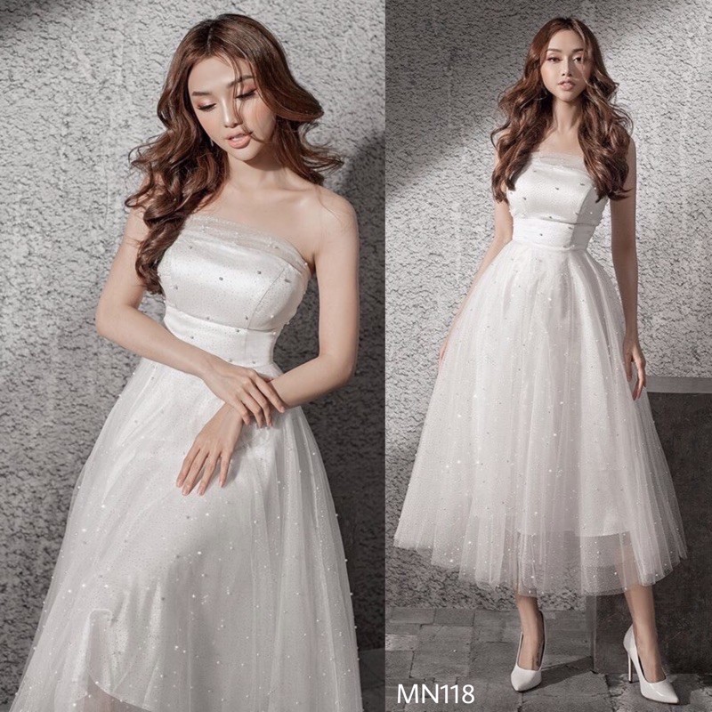 Đầm cúp ngực đầm xoè trắng chất liệu kim tuyến xinh như công chúa phù hợp dự tiệc dạ hội  - MN118 - Đầm Váy Mina