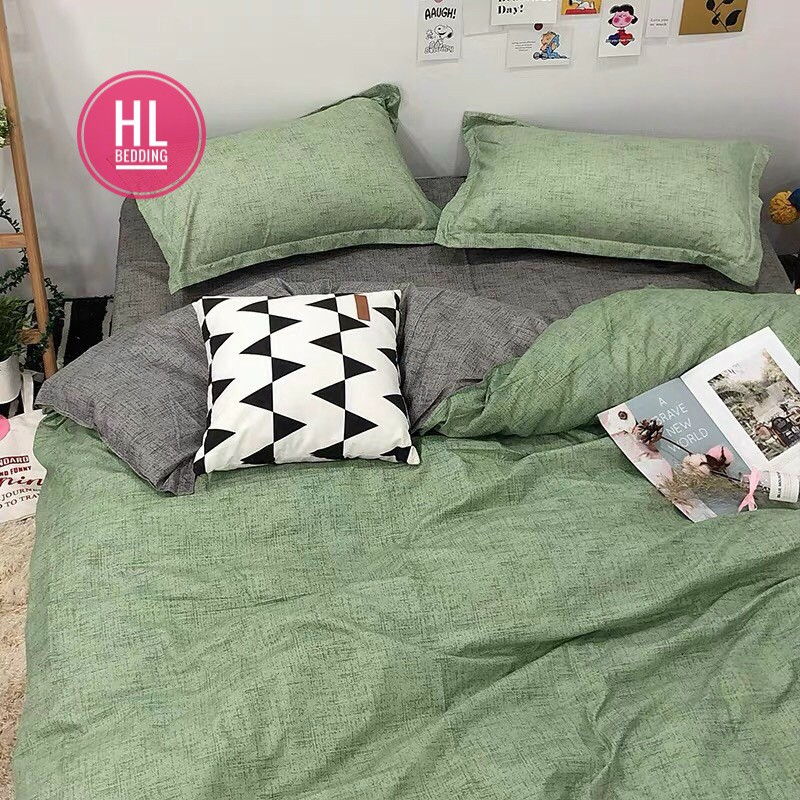 Bộ chăn ga Cotton Poly HL bedding chăn ga Hàn Quốc xanh lá xước đủ size miễn phí bo chun
