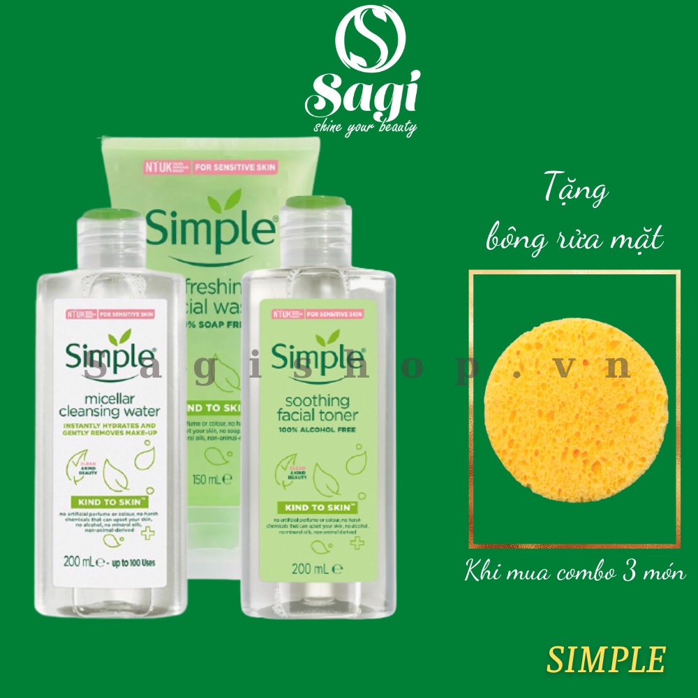 Sữa Rửa Mặt, Nước Tẩy Trang, Toner Nước Hoa Hồng SIMPLE KIND TO SKIN, Combo Skincare Simple