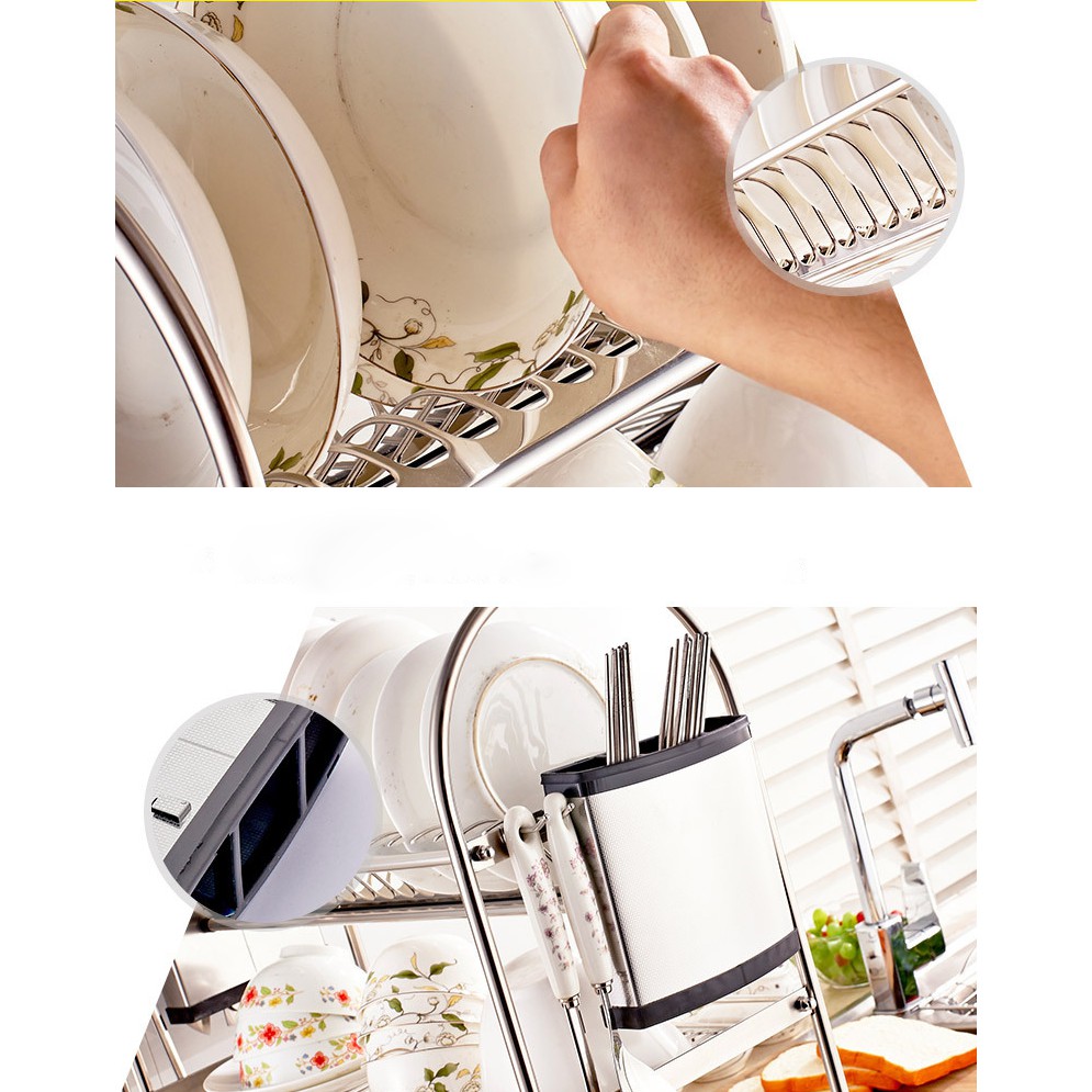 Kệ để bát đĩa kèm ống gài dài ống cắm đũa đa năng bằng inox 304 không gỉ sét H38