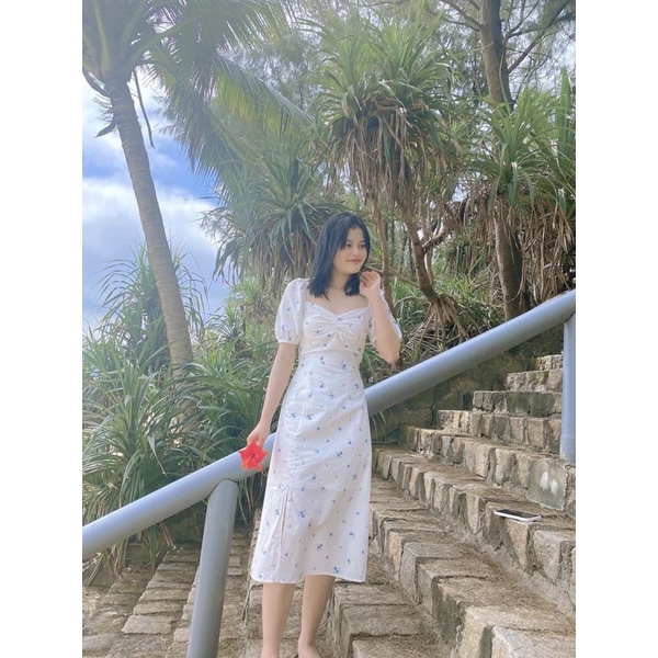 Đầm - Váy thô trắng hoa nhí xanh ngắn tay xẻ đùi DRES422