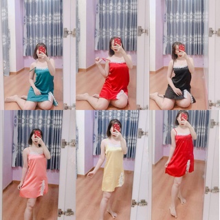 Đầm ngủ 2 dây sexy gợi cảm bigsize, váy ngủ nữ lụa satin phối ren mặc mát thoải mái