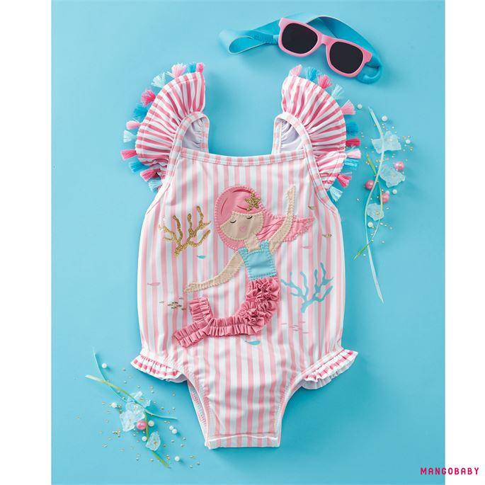 ♬MG♪-Baby Girls Striped Sleeveless Tassel Ruffle Cartoon Cute Mermaid Pattern Bathing Suit