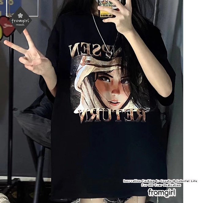 Áo Thun Dáng Rộng In Chữ Và Hoạt Hình Phong Cách Hong Kong Dễ Phối Đồ Thời Trang Mùa Hè Cho Nữ