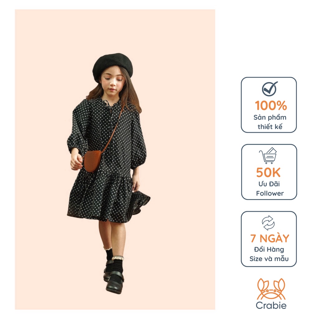 Đầm bé gái CRABIE dài tay suông nấm cổ thắt nơ chấm bi xinh xắn - Mary dress - Xanh Navy