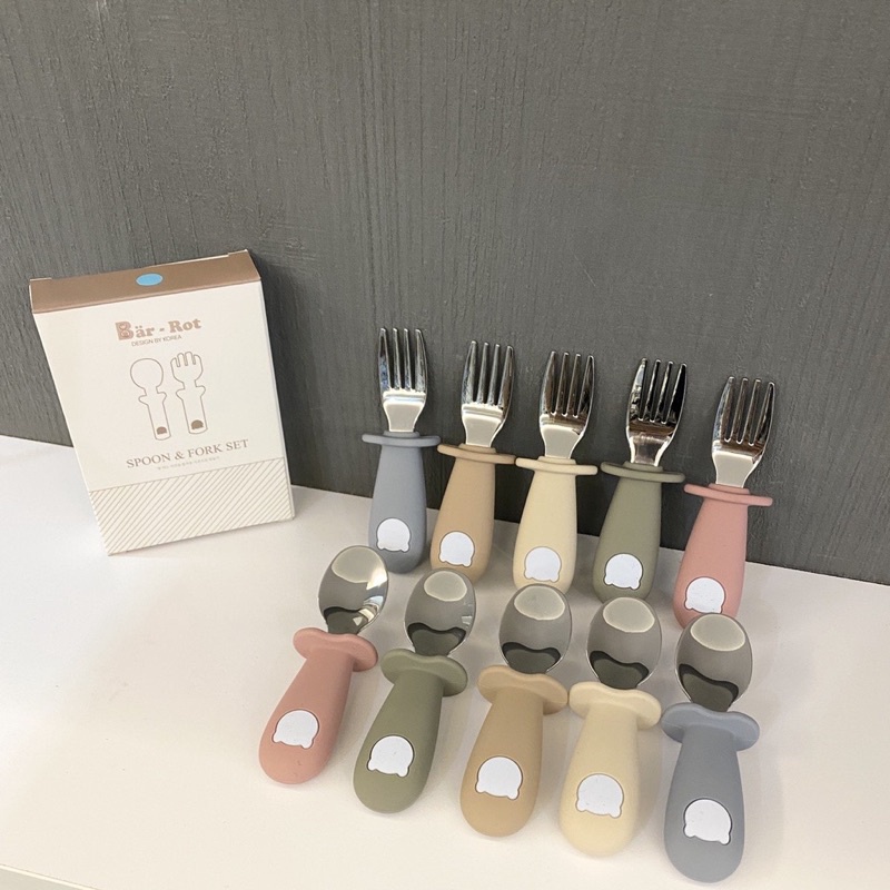 Set thìa dĩa hình gấu Silicon Bar-Rot SPOON &amp; FORK SET chính hãng Hàn Quốc | Bộ thìa nĩa cho bé tập ăn dặm