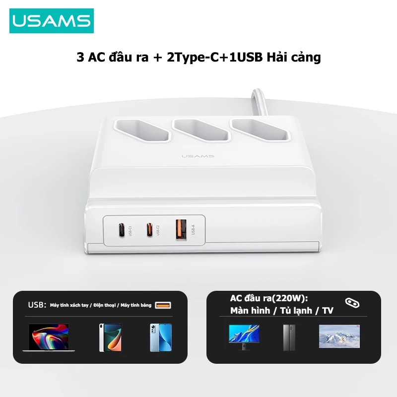 USAMS Bộ Sạc Nhanh P1 6 Cổng 65W PD QC USB Type C 6 AC Cho PC Laptop Điện Thoại