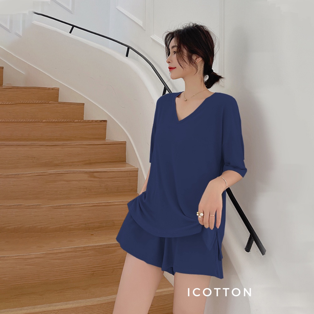 Bộ đồ cộc tay nữ ❤️iCotton❤️ Bộ đồ mặc nhà áo cổ tim quần đùi dáng rộng mềm mát