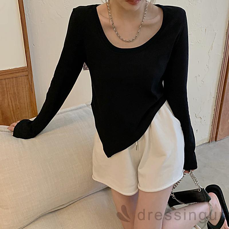 Áo tay dài cổ tròn màu sắc đơn giản thời trang mùa hè cho nữ