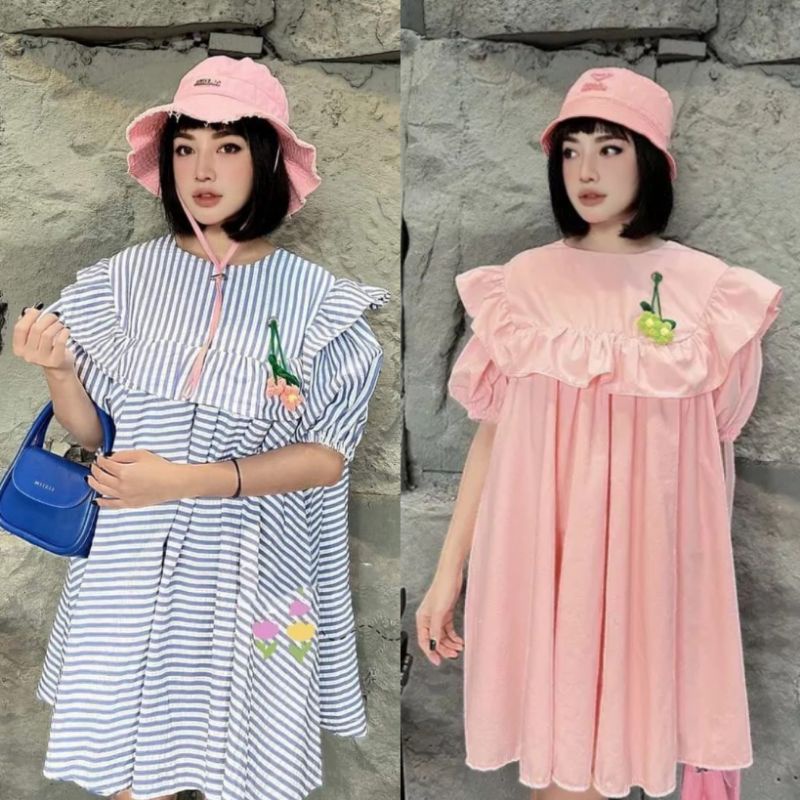 A51 Đầm Babydoll Cổ Bèo Tay Phồng Đính Hoa Dễ Thương