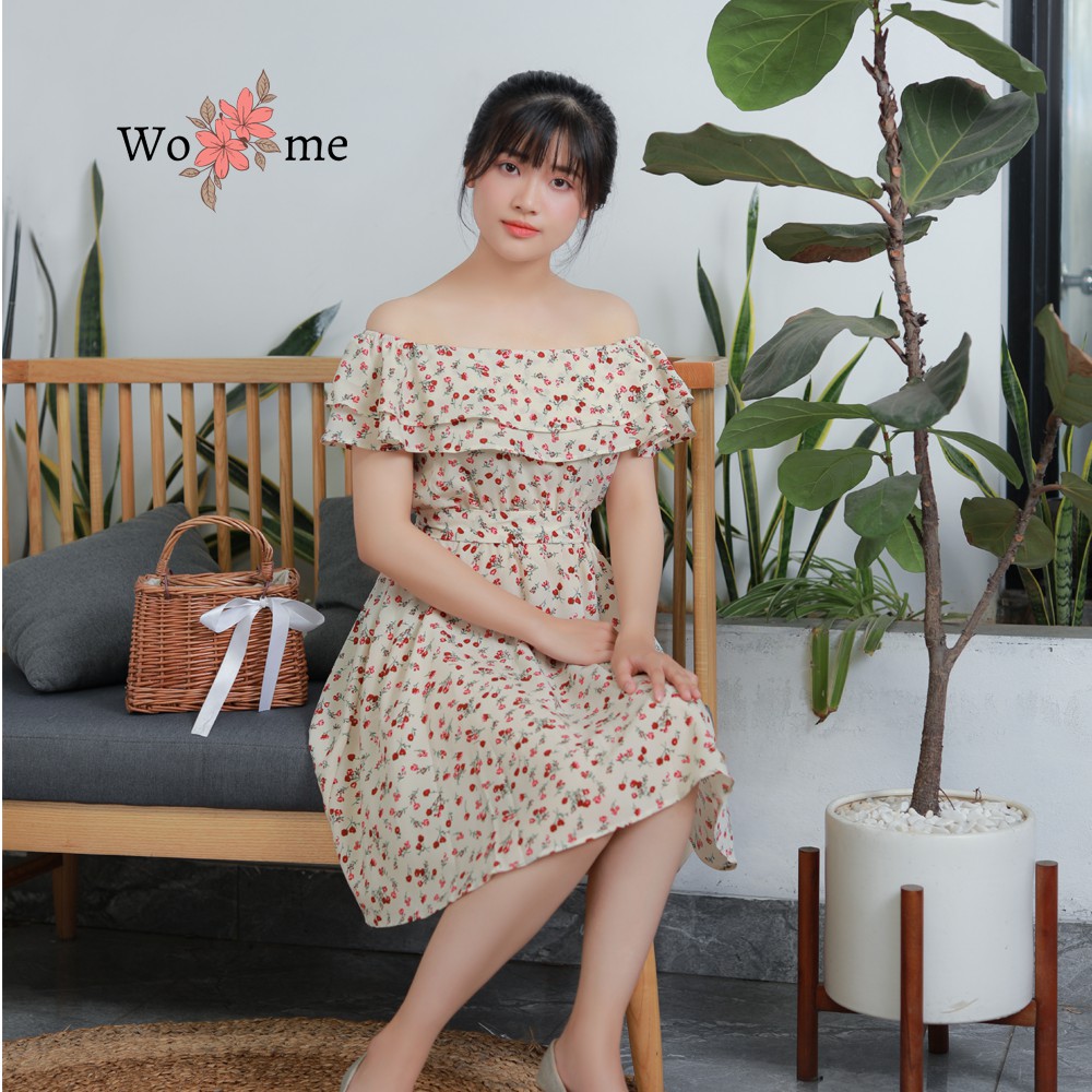 Váy đầm nữ dáng xòe hoa nhí trễ vai đầm đi biển, đi làm, đi chơi hàng cao cấp | BigBuy360 - bigbuy360.vn