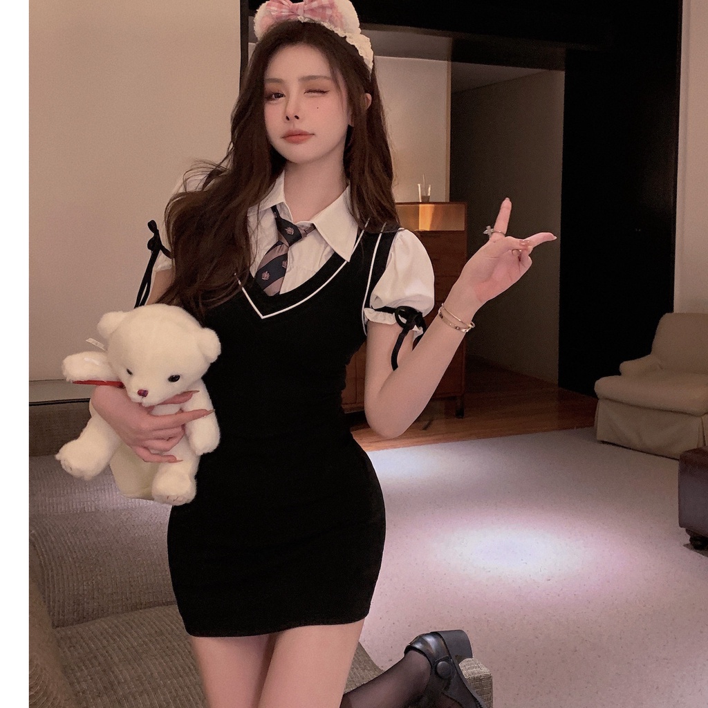 Đầm Perty cổ bẻ giả hai lớp phong cách Hàn Quốc dễ thương cho nữ