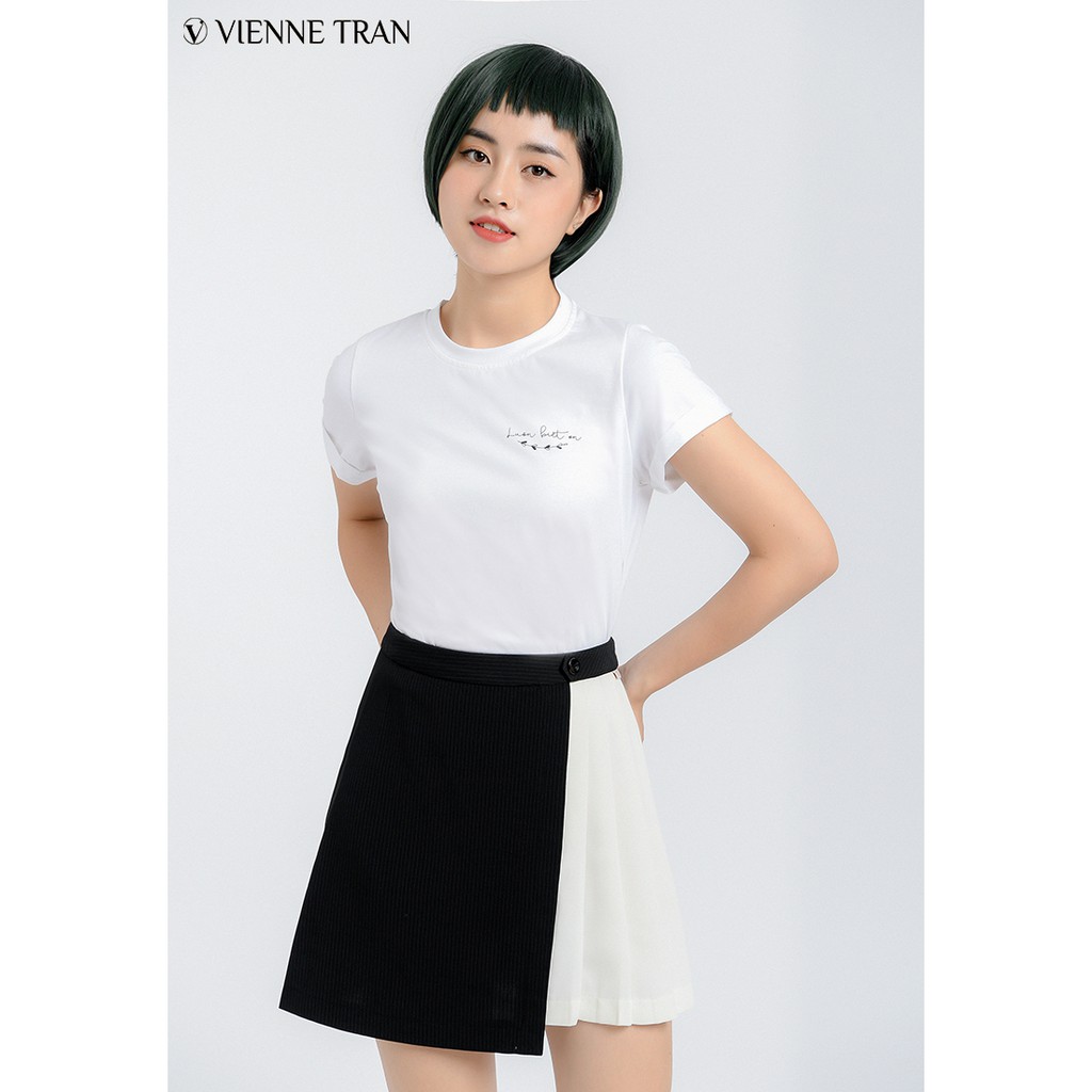 Chân váy phối dập ly VIEN TRAN V62R19H002 (Caro trắng đen/Kẻ Đen)