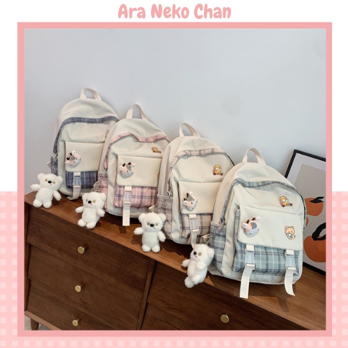 Balo Ulzzang Nữ Đi Học Đẹp Kẻ Sọc Caro Dễ Thương Cute Bằng Vải Canvas (tặng kèm 3 sticker gắn)