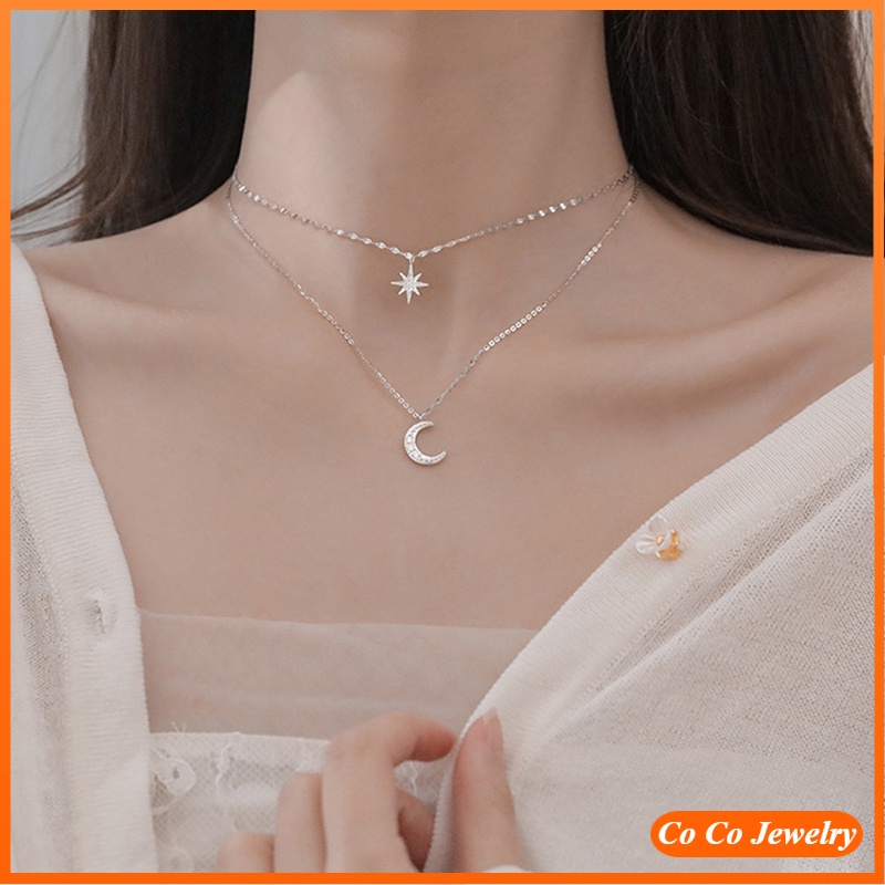 Dây chuyền bạc 2 lớp hoạ tiết ngôi sao mặt trăng đính đá Zircon phong cách Hàn Quốc
