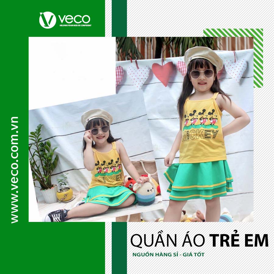 Sỉ Quần Áo Trẻ Em Cao Cấp VECO BS29-08002 Bộ Váy Thun Cotton 100% Cho Bé Gái Từ 1 Đến 15 tuổi