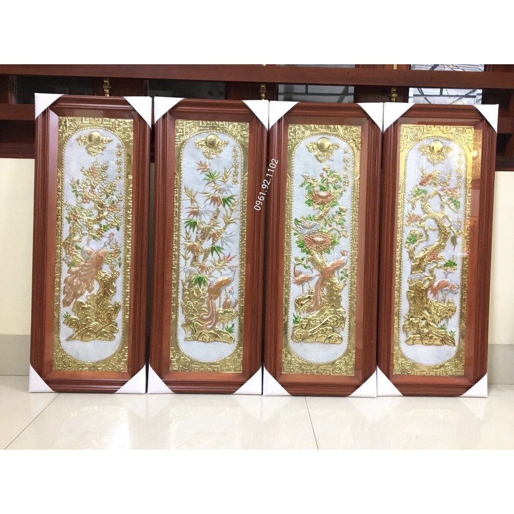 Bộ tranh tứ quý 4 tấm tùng cúc trúc mai  bằng đồng siêu đẹp kt40x1m khung kính