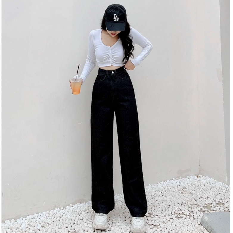 [ VUI ĐÙA ] QUẦN JEANS ỐNG RỘNG NỮ LƯNG CAO MÀU ĐEN LAI CUỐN VẢI DÀY DẶN CAO CẤP NITI SIÊU ĐẲNG CỰC CÁ TÍNH