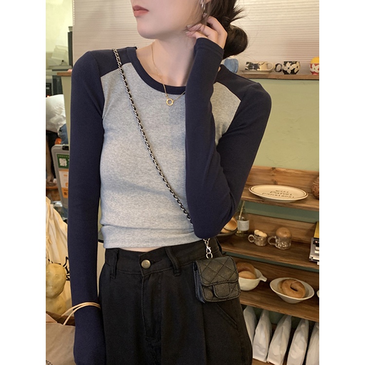 Áo Thun Croptop Tay Dài Màu Sắc Tương Phản Thời Trang Mùa Thu