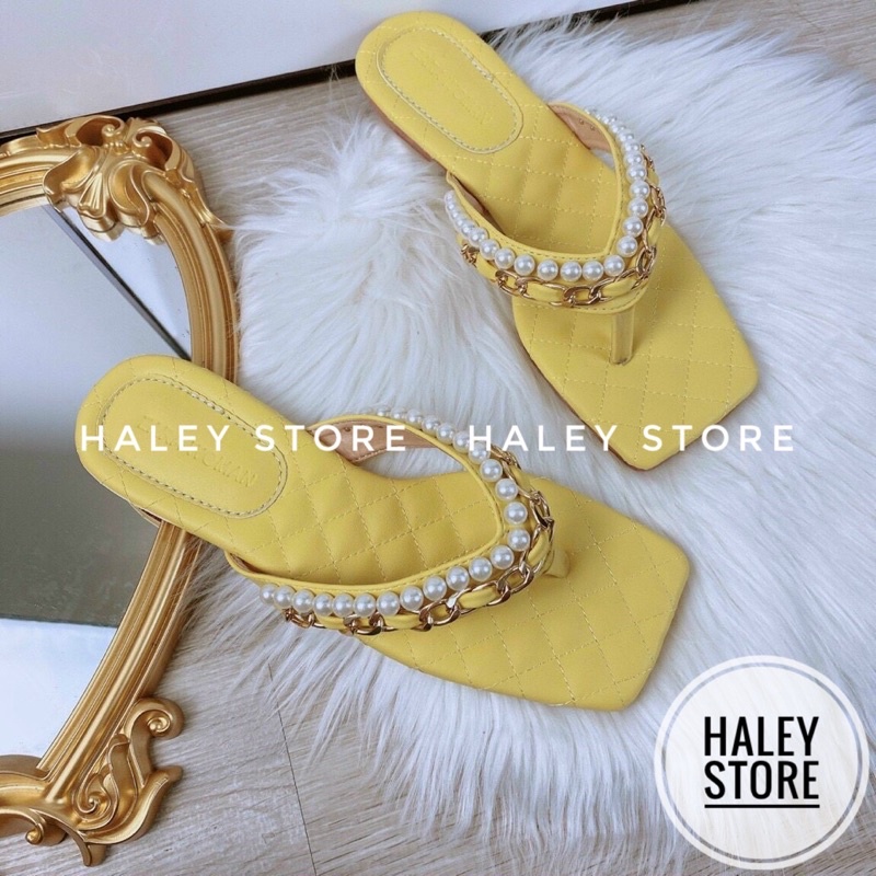 Dép nữ bệt HALEY STORE kẹp xỏ ngón mũi vuông may chỉ chần ô đính ngọc đính xích thời trang phong cách xịn đẹp bền rẻ