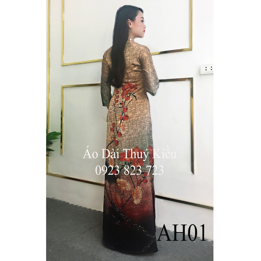 Áo dài Đông Hưng nền nâu hoa đỏ AH01