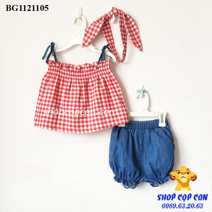 Set áo dây caro, quần jean phồng, băng đô (14-30kg)