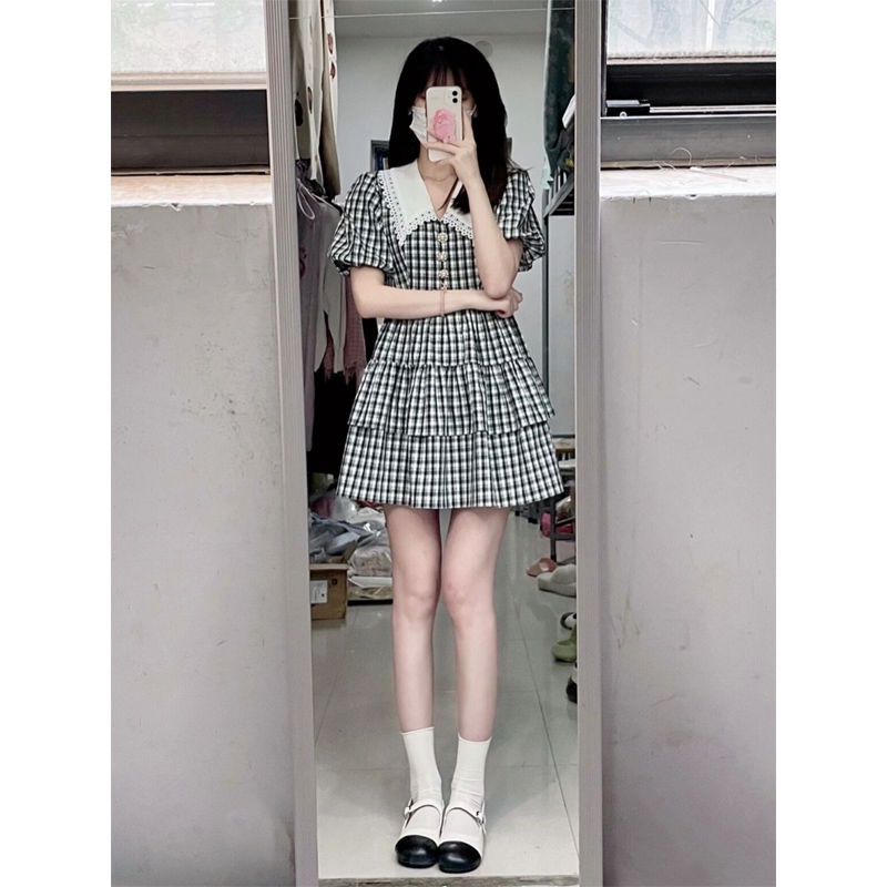 Đầm Chữ a Cổ Búp Bê Họa Tiết Kẻ Sọc Ngọt Ngào Thời Trang Mùa Hè Cho Nữ