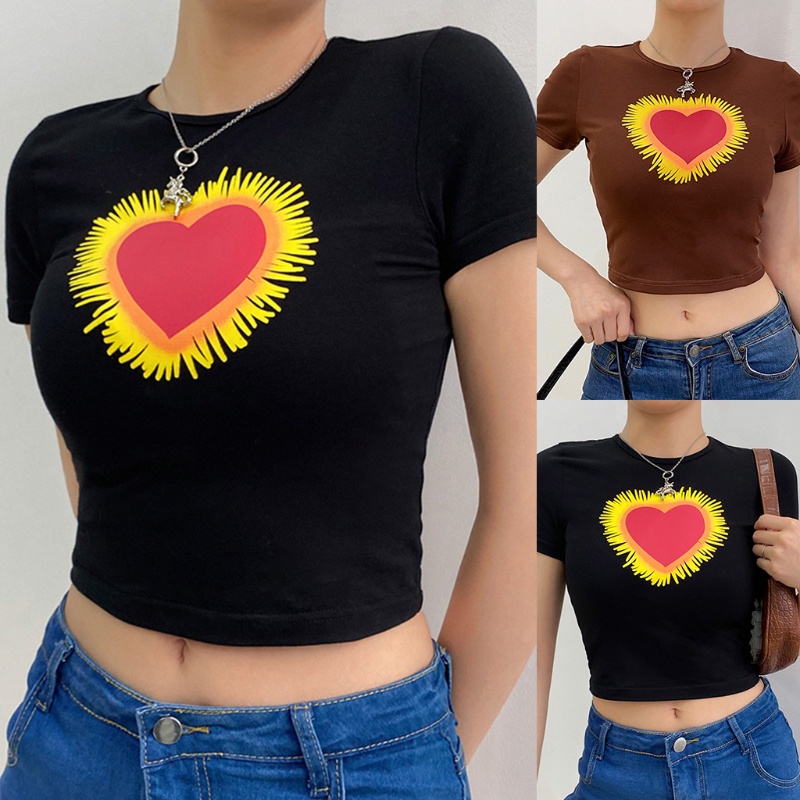 Áo Thun Tay Ngắn Cổ Tròn In Hình Trái Tim Phối Tua Rua Phong Cách Harajuku Dễ Thương Cho Nữ