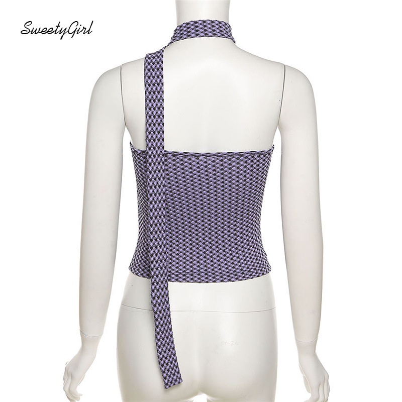 Áo lửng không tay dáng ôm hở lưng in họa tiết caro hợp thời trang cho nữ