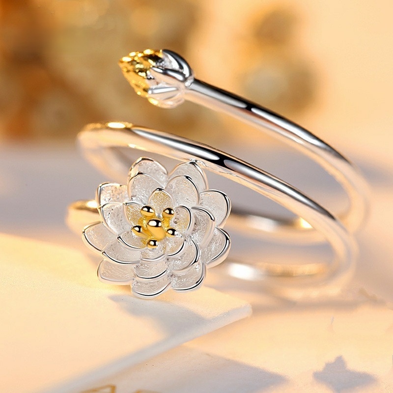 Nhẫn mạ bạc 925 nhiều lớp hình hoa sen cá tính cho nữ