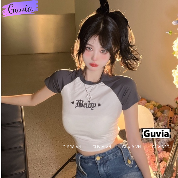 Áo Croptop Ôm Body Nữ BABY THÊU Cổ Tròn Tay Ngắn, Áo Thun Croptop Kiểu Thêu Họa Tiết GUVIA CR85