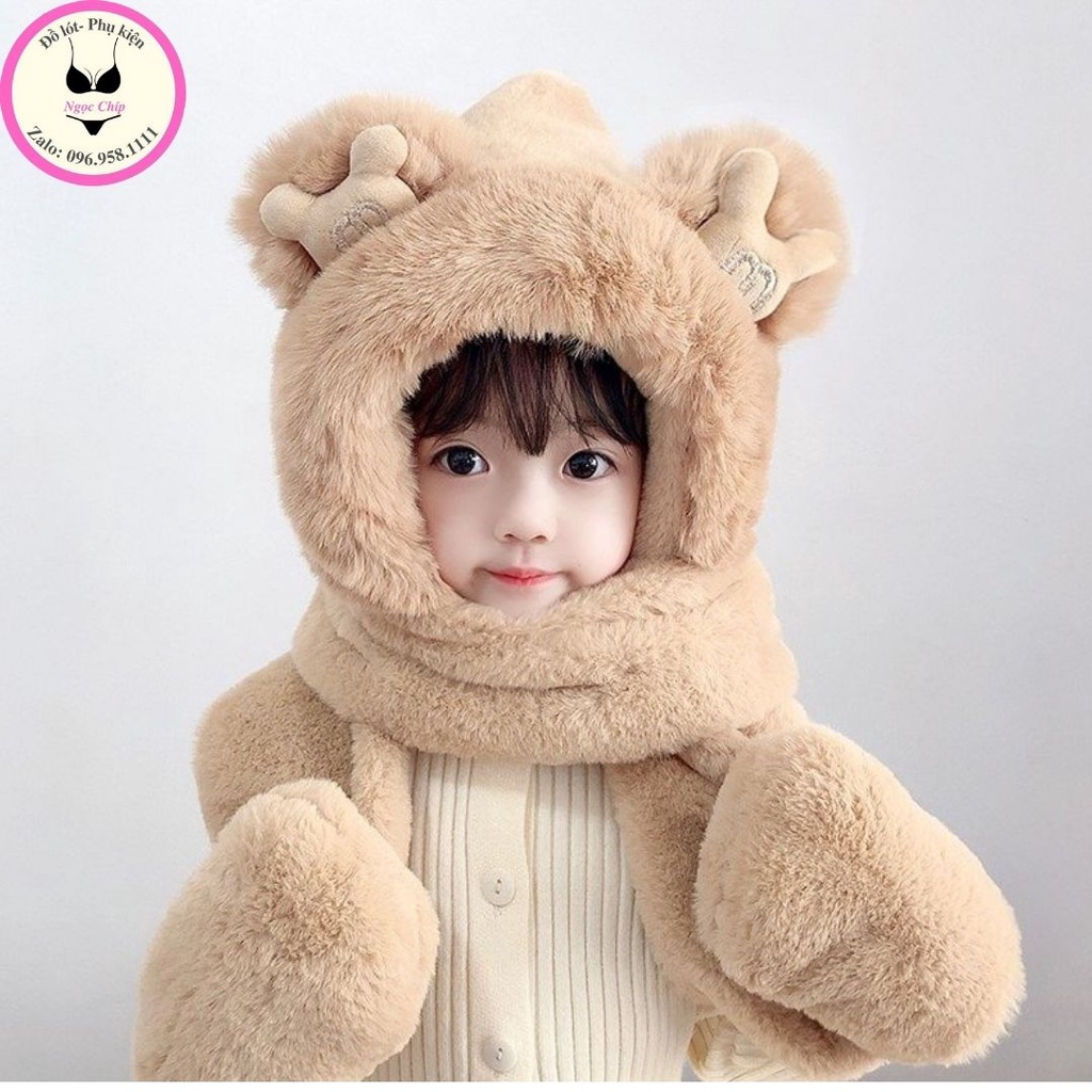 Mũ trùm đầu kèm khăn " CHỮ M " - Mũ len cho bé có khăn cổ và găng tay hình tai gấu đáng yêu