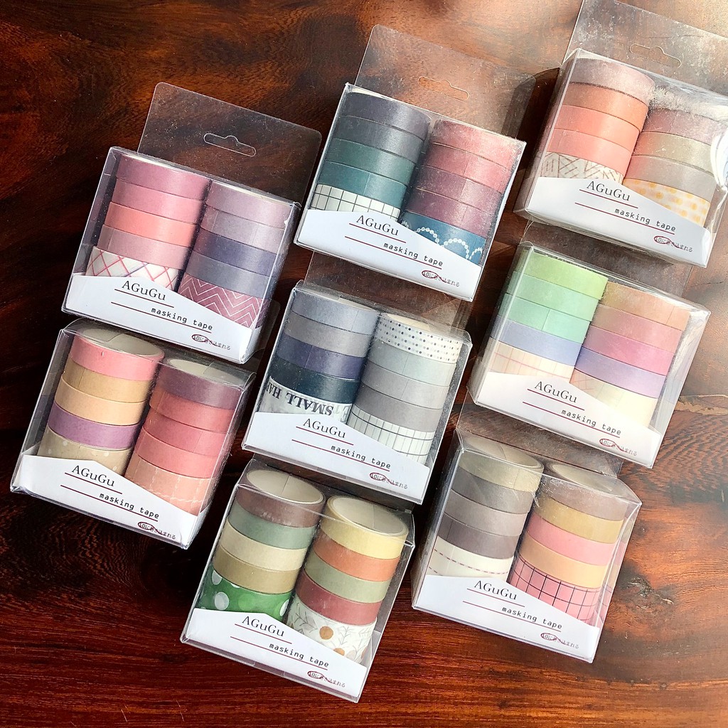 Set 10 Cuộn Washi Tape Basic Màu Solid Retro Nhẹ Nhàng Dễ Thương Trang Trí Sổ